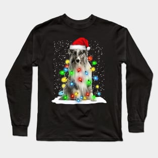 Shetland Sheepdog Christmas Santa Hat Xmas Tree Color Lights Long Sleeve T-Shirt